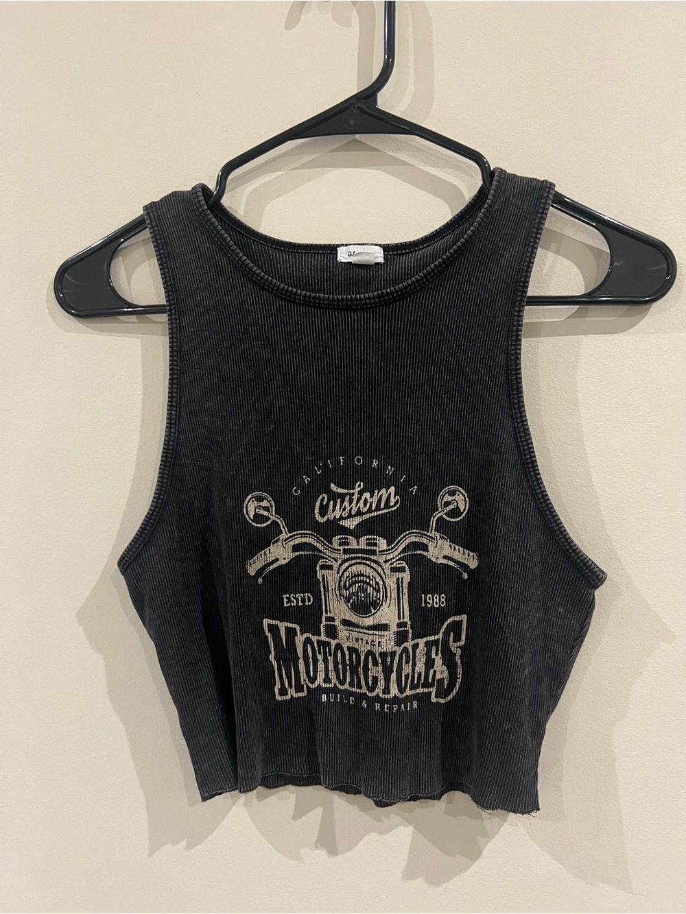 Garage Washed Black Ribbed Graphic Crop Tank Top